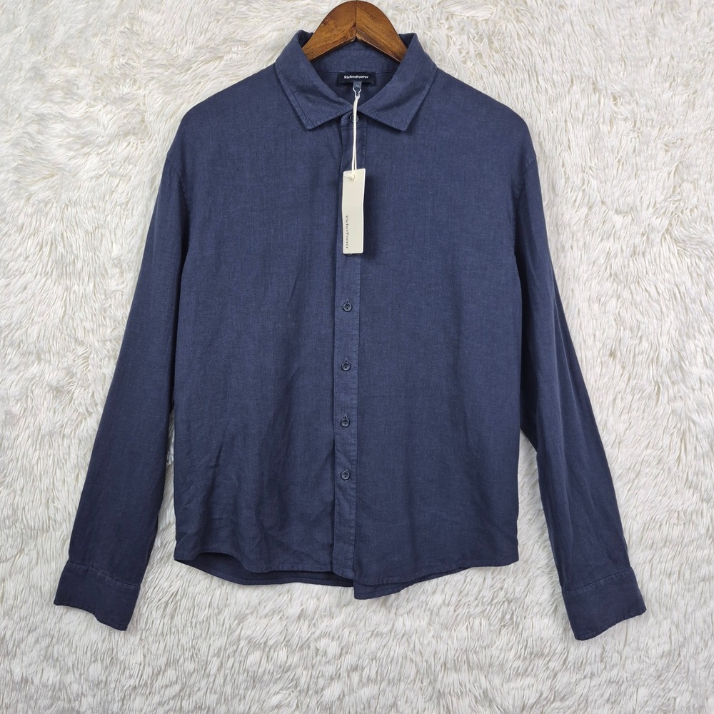 Richer Poorer Mens Linen Button Up Shirt Blue Night Size Medium Resort NWT